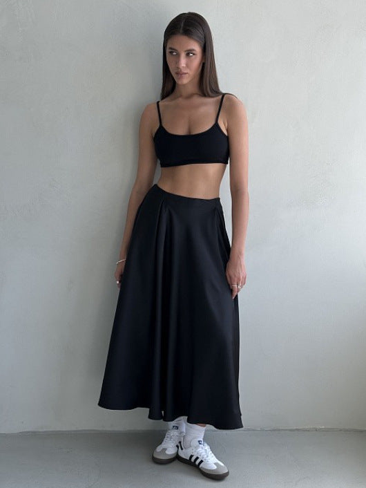 Damen Elegantes Satin-Maxikleid mit schwingendem Rock EB