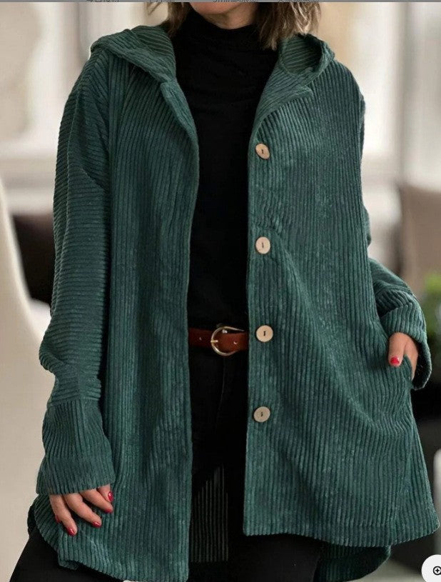 Damen Kapuzenjacke aus Rippstoff mit Holzknöpfen und Freizeit-Schnitt EB