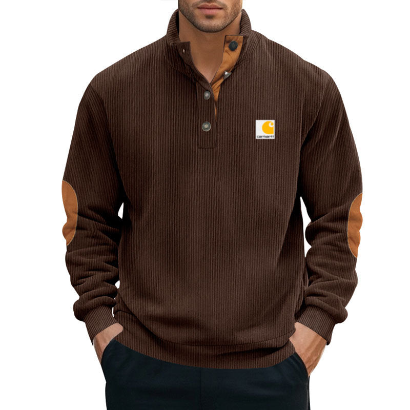 Herren nan Strickpullover im Troyer-Stil mit Stehkragen Lederbesatz Druckknopfleiste und Ellbogen-Patches EB
