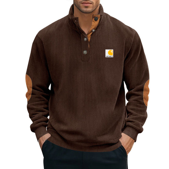 Herren nan Strickpullover im Troyer-Stil mit Stehkragen Lederbesatz Druckknopfleiste und Ellbogen-Patches EB