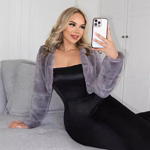 Damen Kurze Kunstpelzjacke mit breiten Ärmeln EB