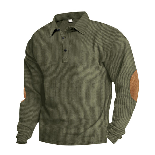 Herren nan schwerer gerippter Baumwoll-Polo-Pullover mit Kentkragen dreifach-Knopfleiste und Wildleder-Ellenbogenpatches EB