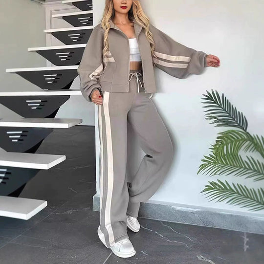 Damen nan athletisches Zweiteiler-Set aus French Terry mit Reißverschluss Cropped Jacke und weitem Highwaist Jogger EB