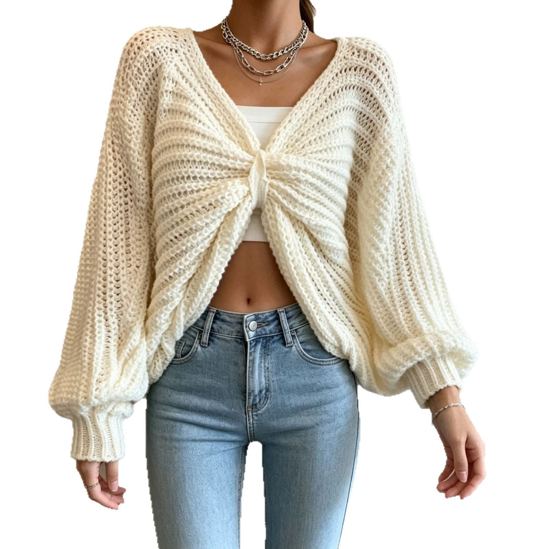 Damen Cropped Strickcardigan mit Knotendetail und Ballonärmeln EB