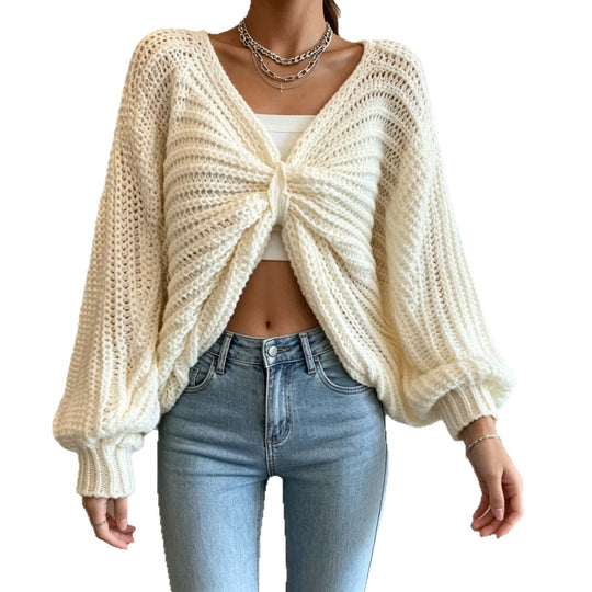 Damen Cropped Strickcardigan mit Knotendetail und Ballonärmeln EB