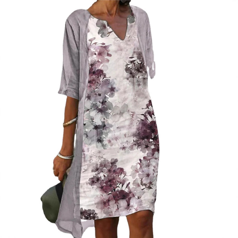 Damen Freizeitkleid mit floralem Design und tiefem V-Ausschnitt EB