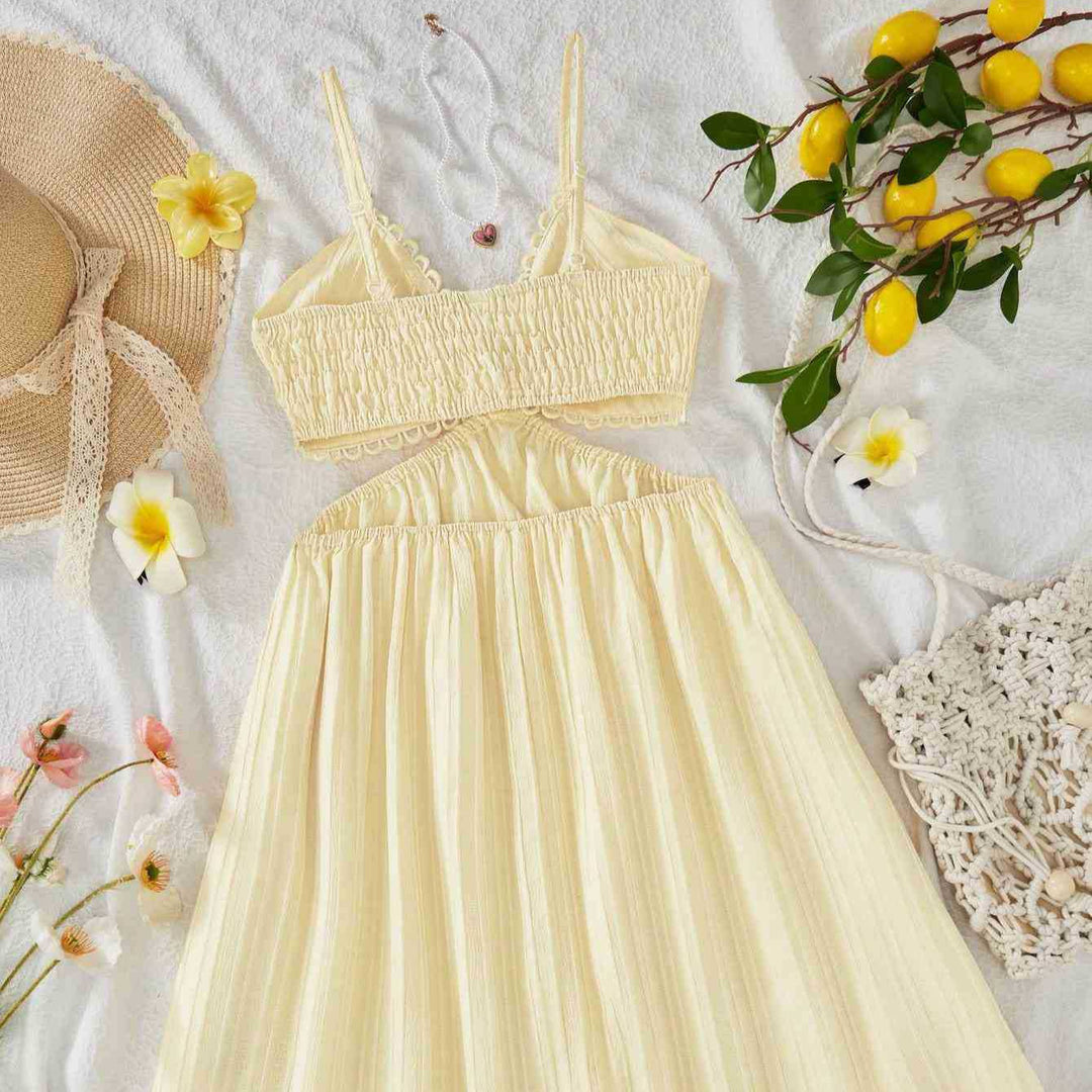 Damen Maxikleid mit zarten Rüschen und verstellbaren Spaghettiträgern EB