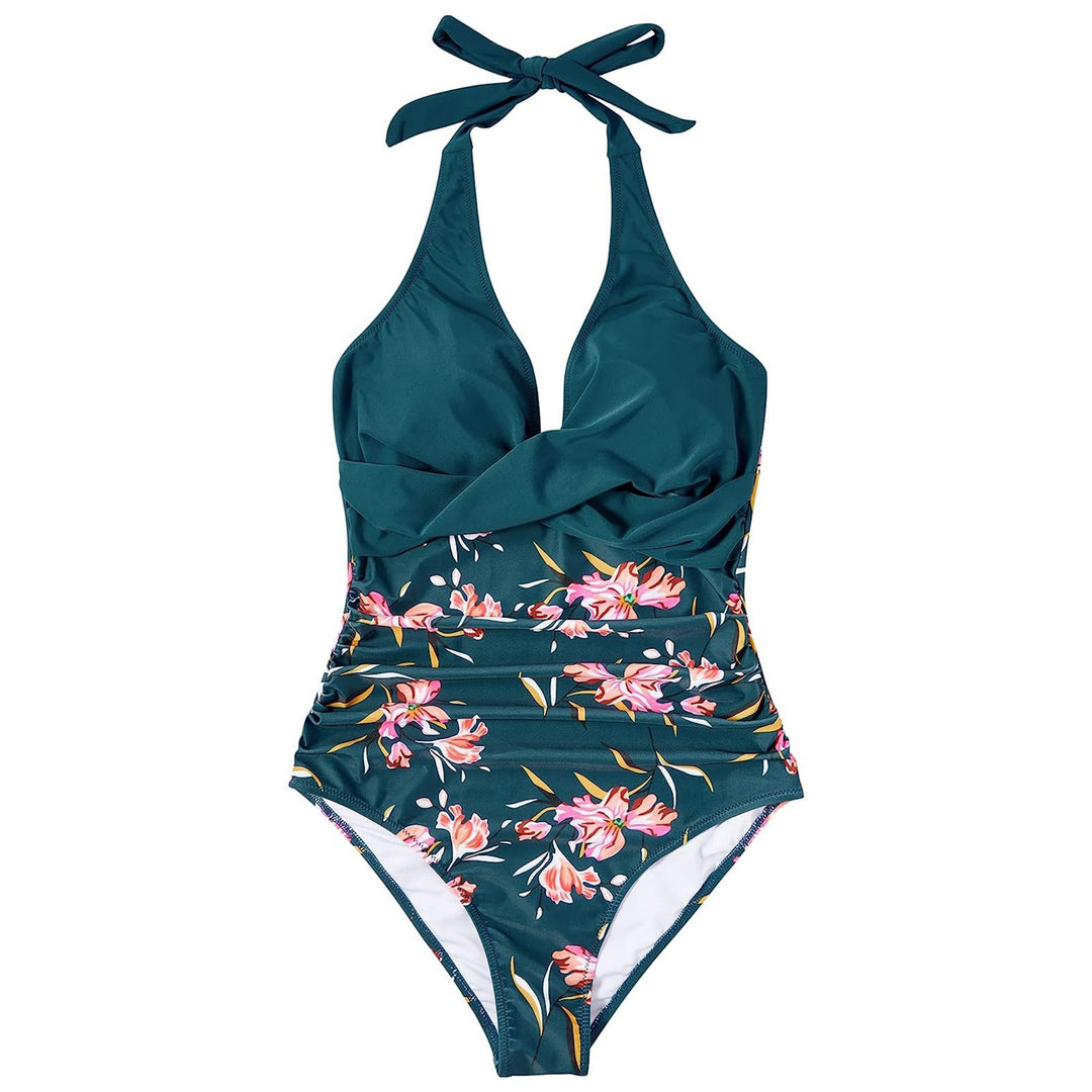 Damen Einteiler Badeanzug mit floralem Wickel-Design und verstellbaren Trägern EB