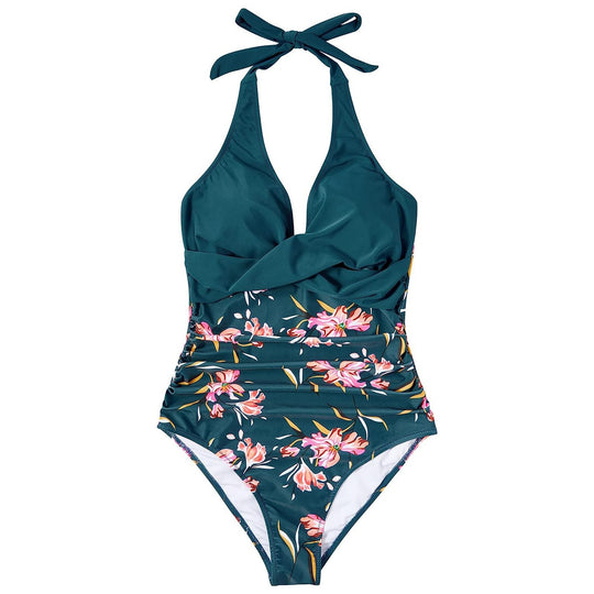 Damen Einteiler Badeanzug mit floralem Wickel-Design und verstellbaren Trägern EB