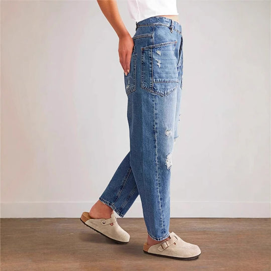 Damen weit geschnittene Jeans mit kreativen Taschen und Destroyed-Details EB