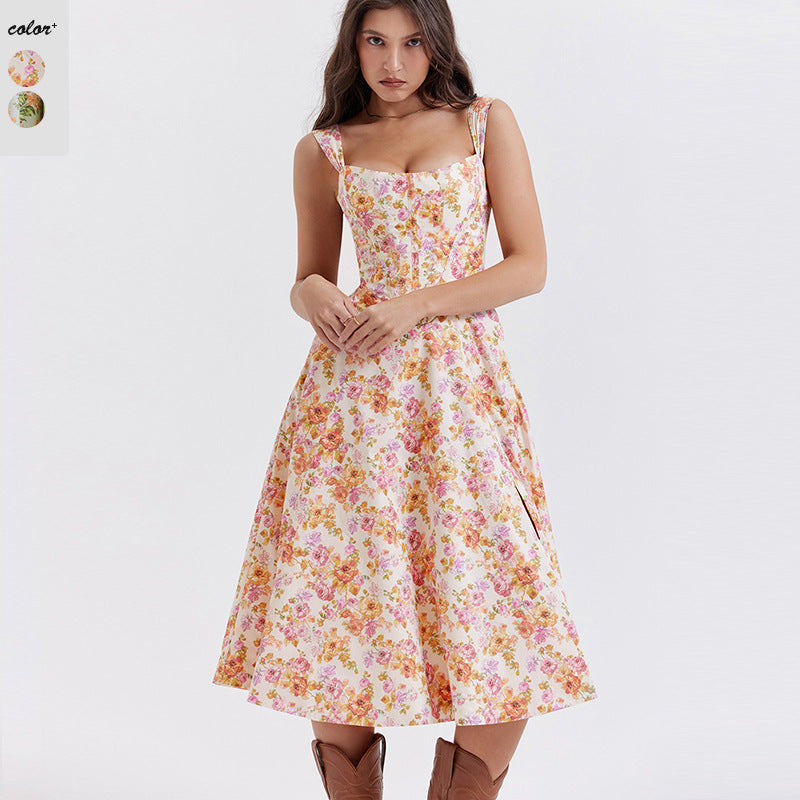 Damen Maxikleid mit floralem Schnitt und schwingendem Rock EB
