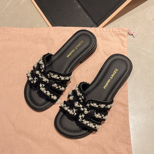 Damen Glamouröse Sandalen mit luxuriösen Perlenapplikationen EB