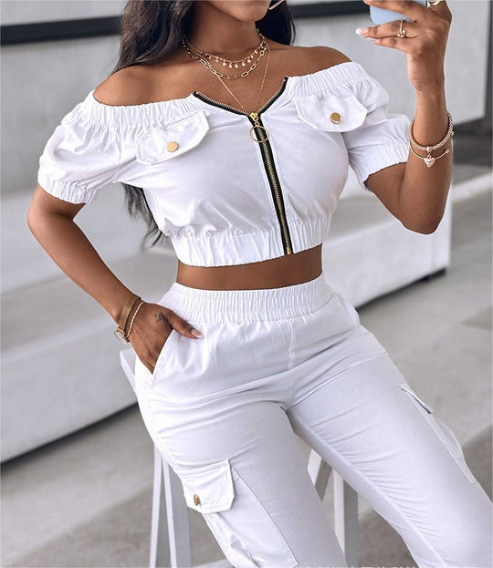 Damen Crop-Top mit Reißverschluss und modischen Taschen EB