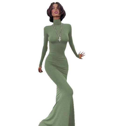 Damen figurbetontes Maxikleid mit hohem Kragen und elegantem Schnitt EB