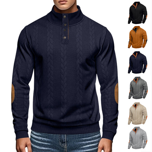 Herren nan Zopfmuster-Pullover mit Stehkragen, halber Knopfleiste und Ellbogenpatches EB