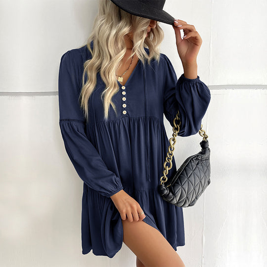 Damen lässiges Kleid mit Knopfdetails und voluminösen Ärmeln EB