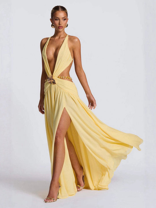 Damen Maxikleid mit tiefem V-Ausschnitt und elegantem Wickeldesign EB
