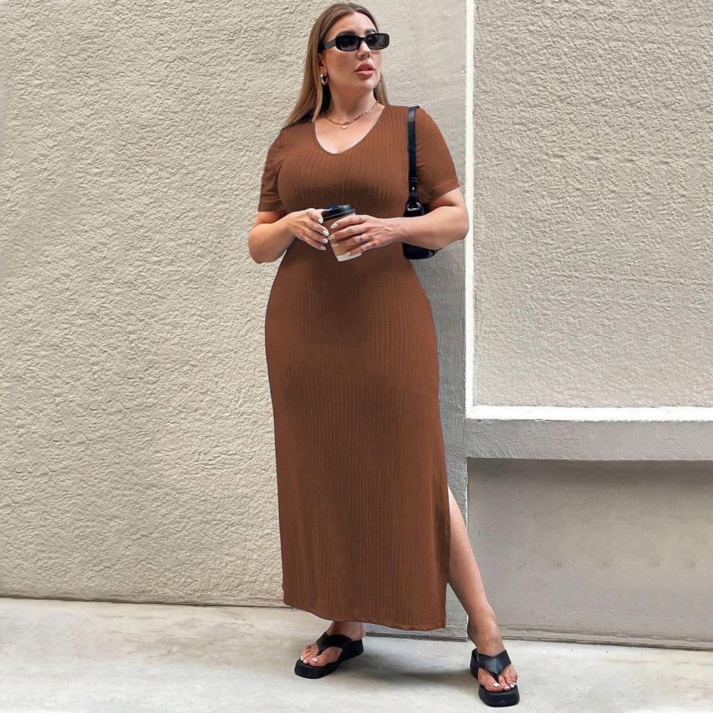 Damen Figurbetontes Maxikleid mit Seitenschlitz und Rippenstruktur EB