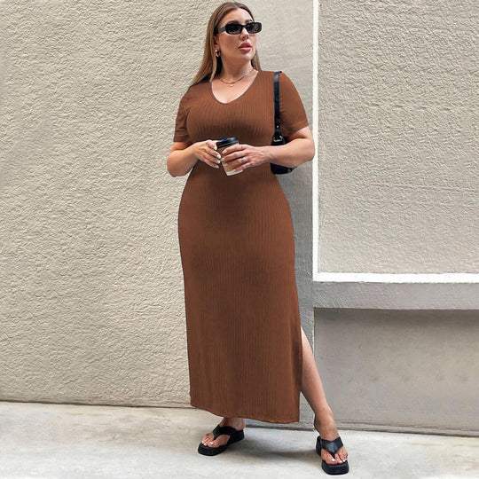 Damen Figurbetontes Maxikleid mit Seitenschlitz und Rippenstruktur EB