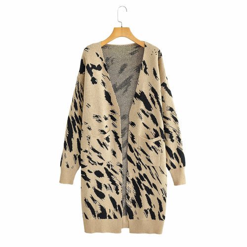 Damen Grobstrick-Cardigan mit modischem Leopardenmuster und praktischen Taschen EB