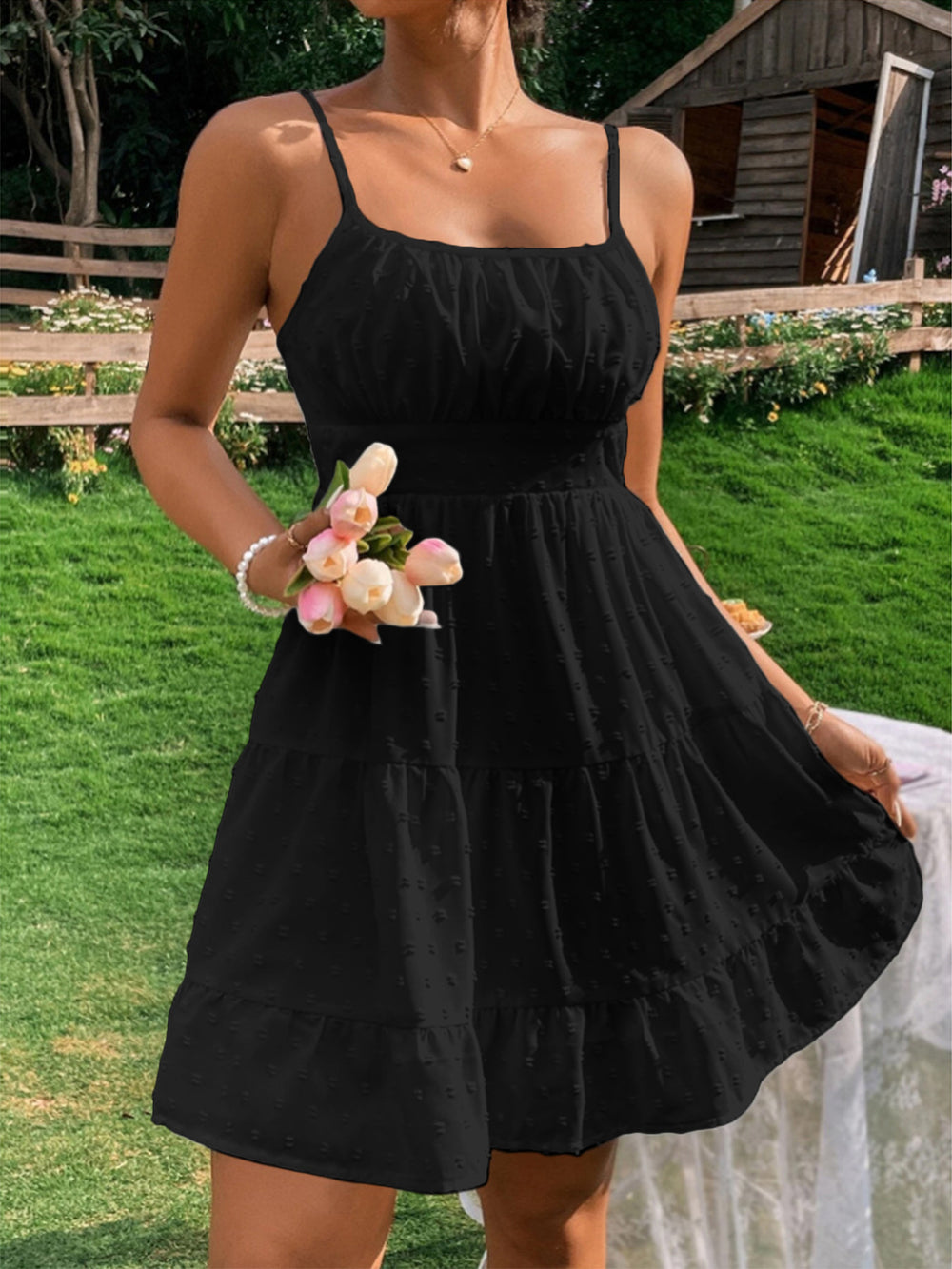 Damen Sommerkleid mit Rüschen und verstellbaren Spaghettiträgern EB