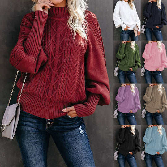 Damen Grobstrickpullover mit hochgeschlossenem Kragen und lässigen Ballonärmeln EB