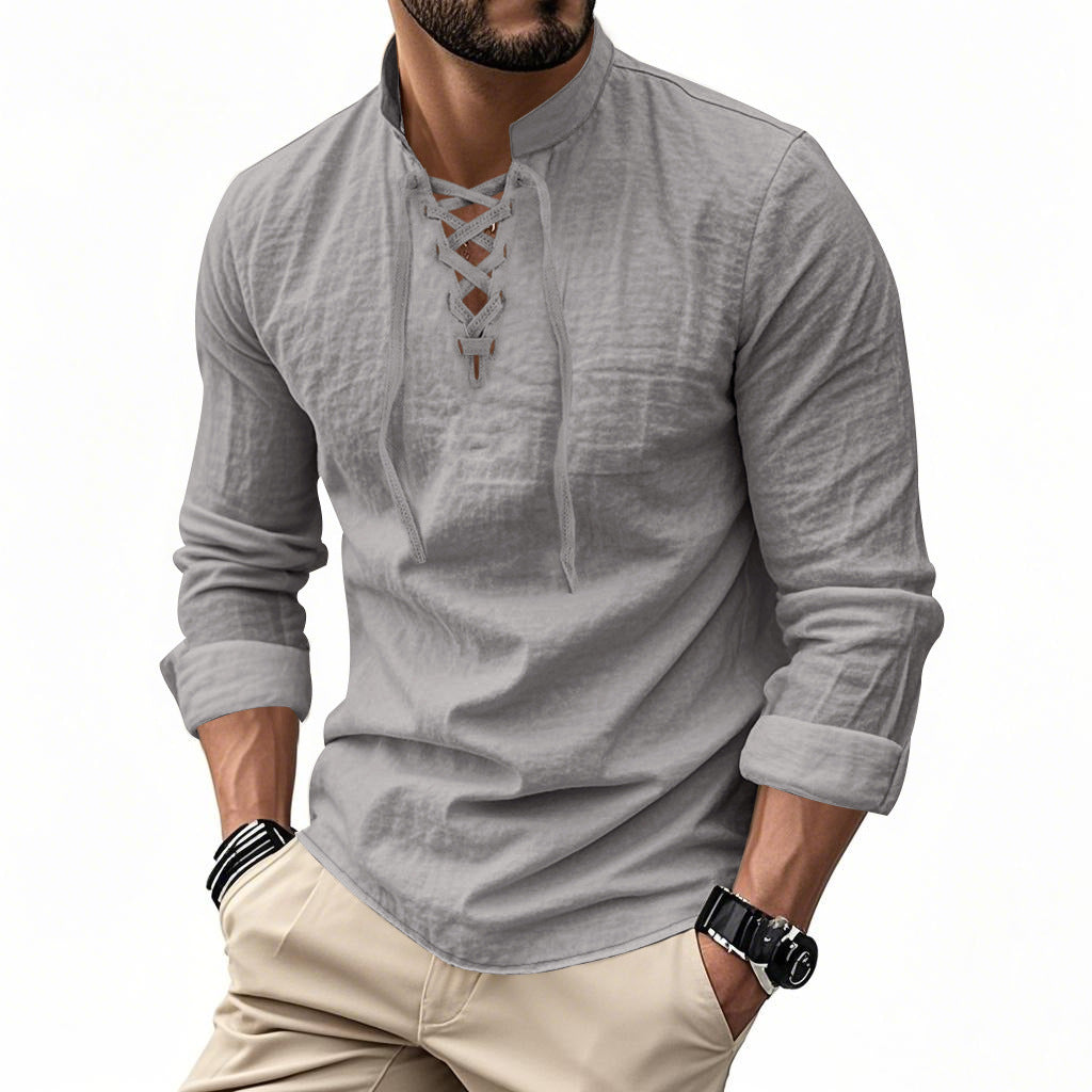 Herren nan Leinenoptik Langarmshirt mit Schnürung V-Ausschnitt und Stehkragen EB