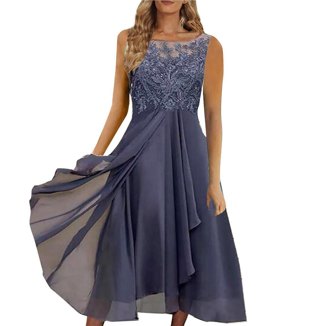 Damen nan ärmelloses Chiffon-Midikleid mit bestickter Illusionsspitze, Schiff-Ausschnitt und mehrlagigem Schwingrock EB