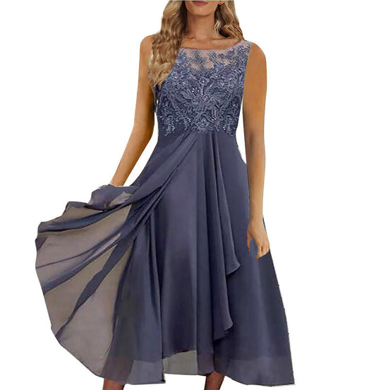 Damen nan ärmelloses Chiffon-Midikleid mit bestickter Illusionsspitze, Schiff-Ausschnitt und mehrlagigem Schwingrock EB