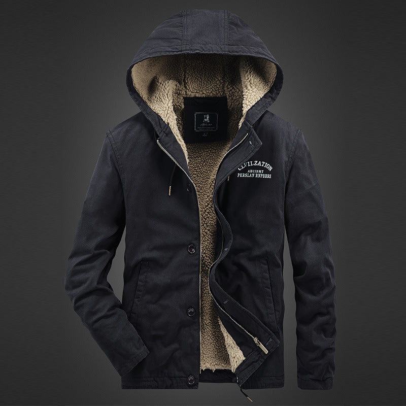 Herren Kapuzen-Canvasjacke mit durchgehendem Teddyfutter und verdeckter Druckknopfleiste EB
