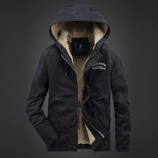 Herren Kapuzen-Canvasjacke mit durchgehendem Teddyfutter und verdeckter Druckknopfleiste EB
