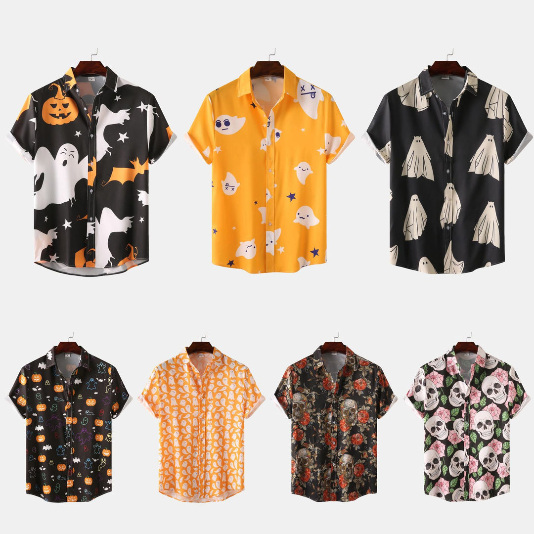 Herren Kurzarmhemd mit kreativem Totenkopf- und Blumenmuster EB