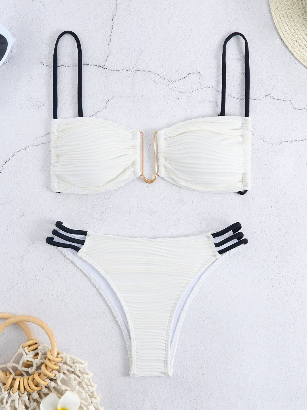 Damen Bandeau-Bikini mit raffiniertem Falten-Design und seitlichen Bindebändern EB