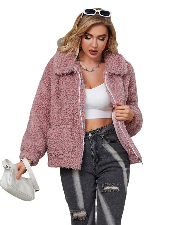 Damen Kuschelige Teddyjacke mit breitem Kragen und seitlichen Taschen EB