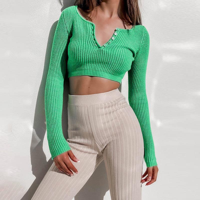 Damen figurbetontes Strick-Crop-Top mit tiefem V-Ausschnitt und Knopfleiste EB