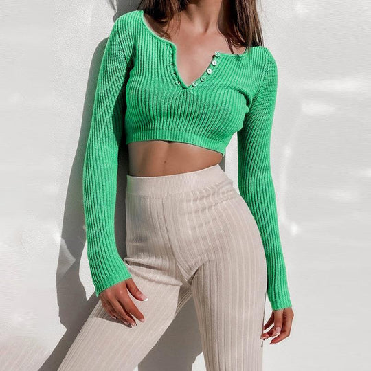 Damen figurbetontes Strick-Crop-Top mit tiefem V-Ausschnitt und Knopfleiste EB