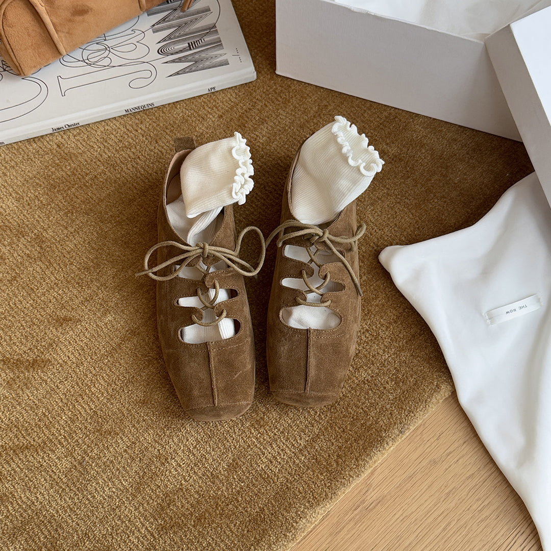Damen Komfortable Wildleder Ballerinas mit Schnürung EB