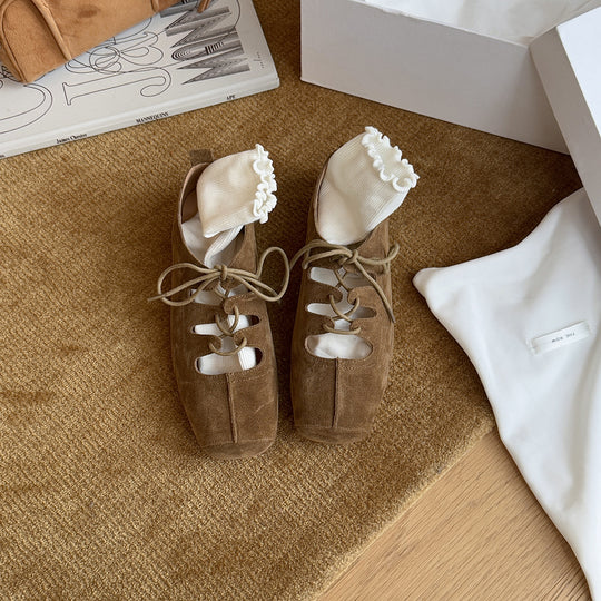 Damen Komfortable Wildleder Ballerinas mit Schnürung EB