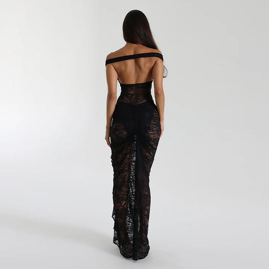 Damen Elegantes Spitze Maxikleid mit Off-Shoulder-Design und figurbetontem Schnitt EB