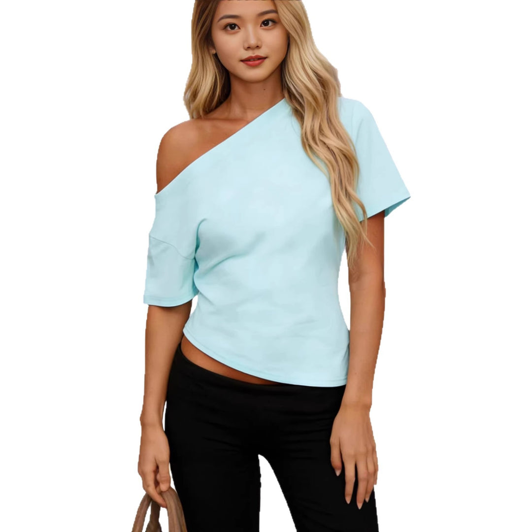 Damen asymmetrisches Oberteil mit schulterfreiem Design und kurzen Ärmeln EB