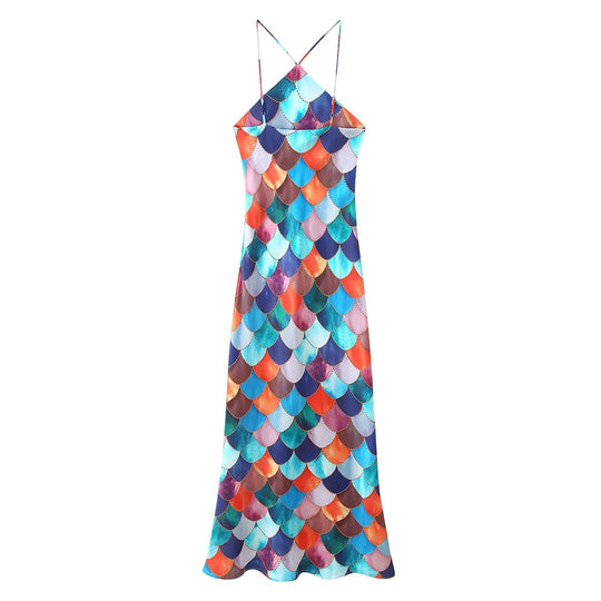 Damen Maxikleid aus fließendem Chiffon mit maritimem Schuppenmuster EB