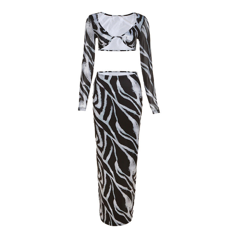 Damen Elegant gestreiftes Crop-Top und Maxi-Rock Set EB
