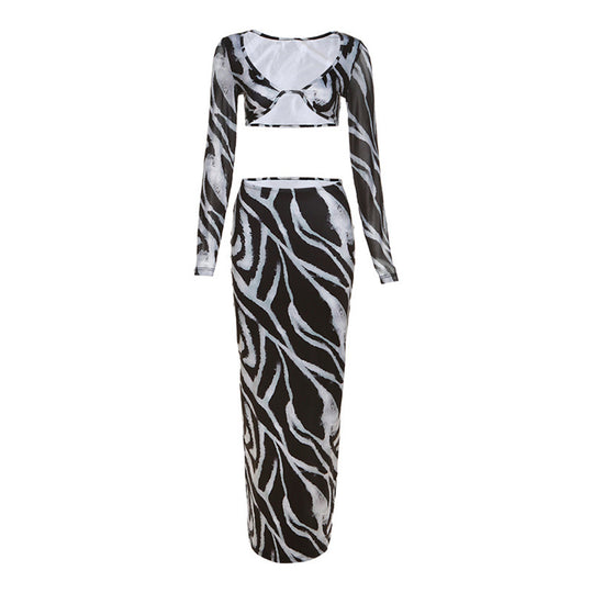 Damen Elegant gestreiftes Crop-Top und Maxi-Rock Set EB