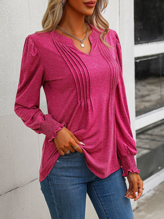 Damen nan Langarmshirt mit V-Ausschnitt, dekorativen Kellerfalten vorn und elastischen Smokbündchen EB