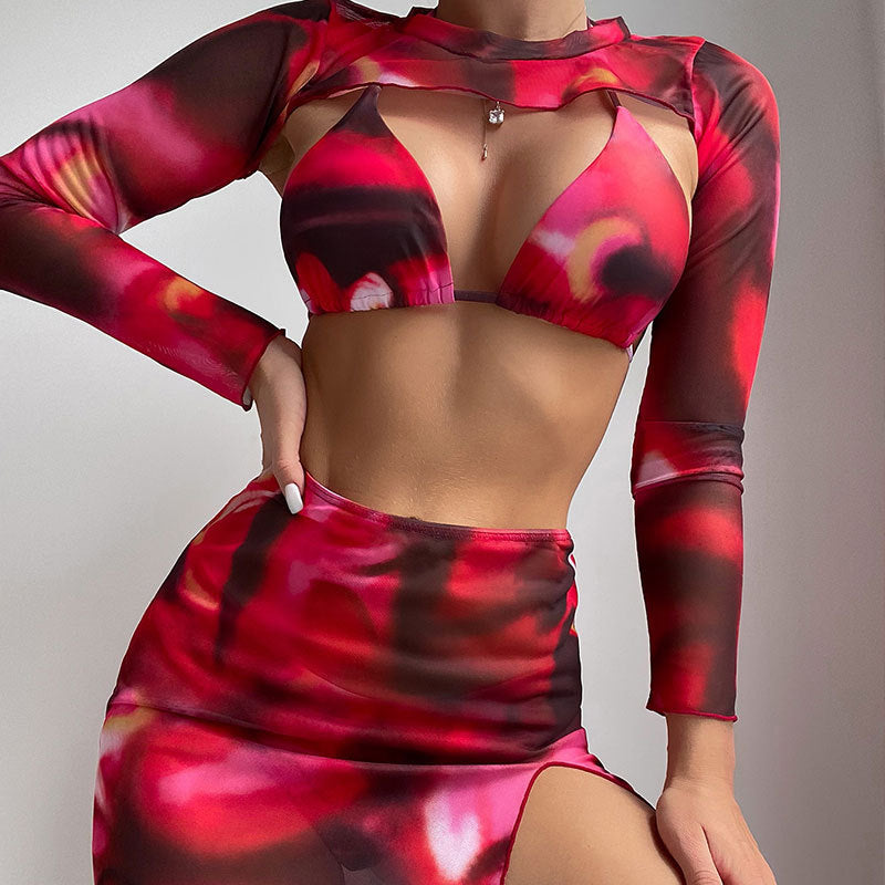 Damen modisches Crop-Top mit langem Ärmel und asymmetrischem Rock EB