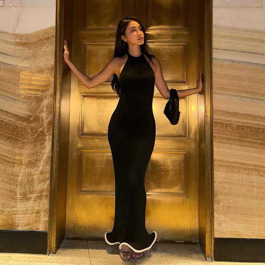 Damen figurbetontes Maxikleid mit asymmetrischem Ausschnitt und elegantem Schlitz EB