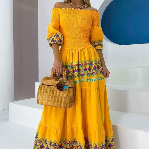 Damen Boho-Maxikleid mit schulterfreiem Design und verspieltem Stickereidetail EB