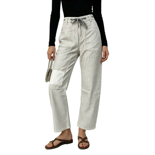 Damen nan High‑Waist Relaxed‑Hose mit vertikalem Streifenmuster, aufgesetzten Knie‑Patches und Kordelzug EB