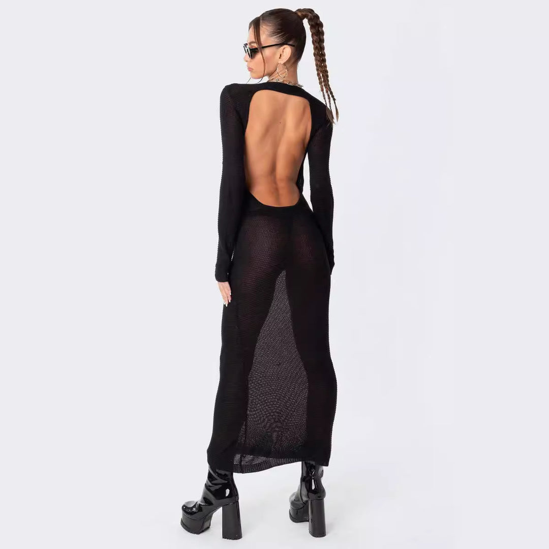 Damen elegantes Strick-Maxikleid mit Schnittdetails und stilvollem Ärmel EB