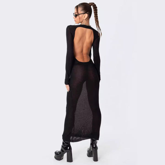 Damen elegantes Strick-Maxikleid mit Schnittdetails und stilvollem Ärmel EB